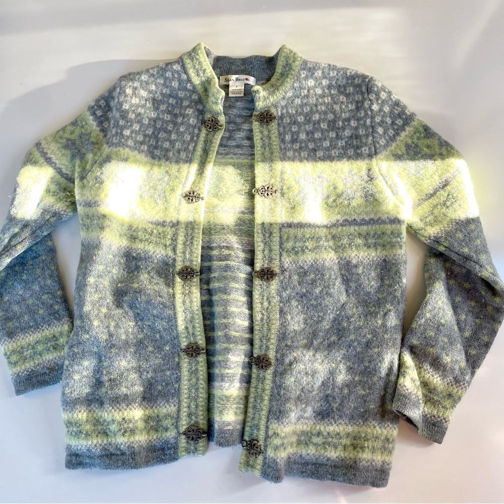 Vintage Susan Bristol Light Blue and Light Green Wool Cardigan, S